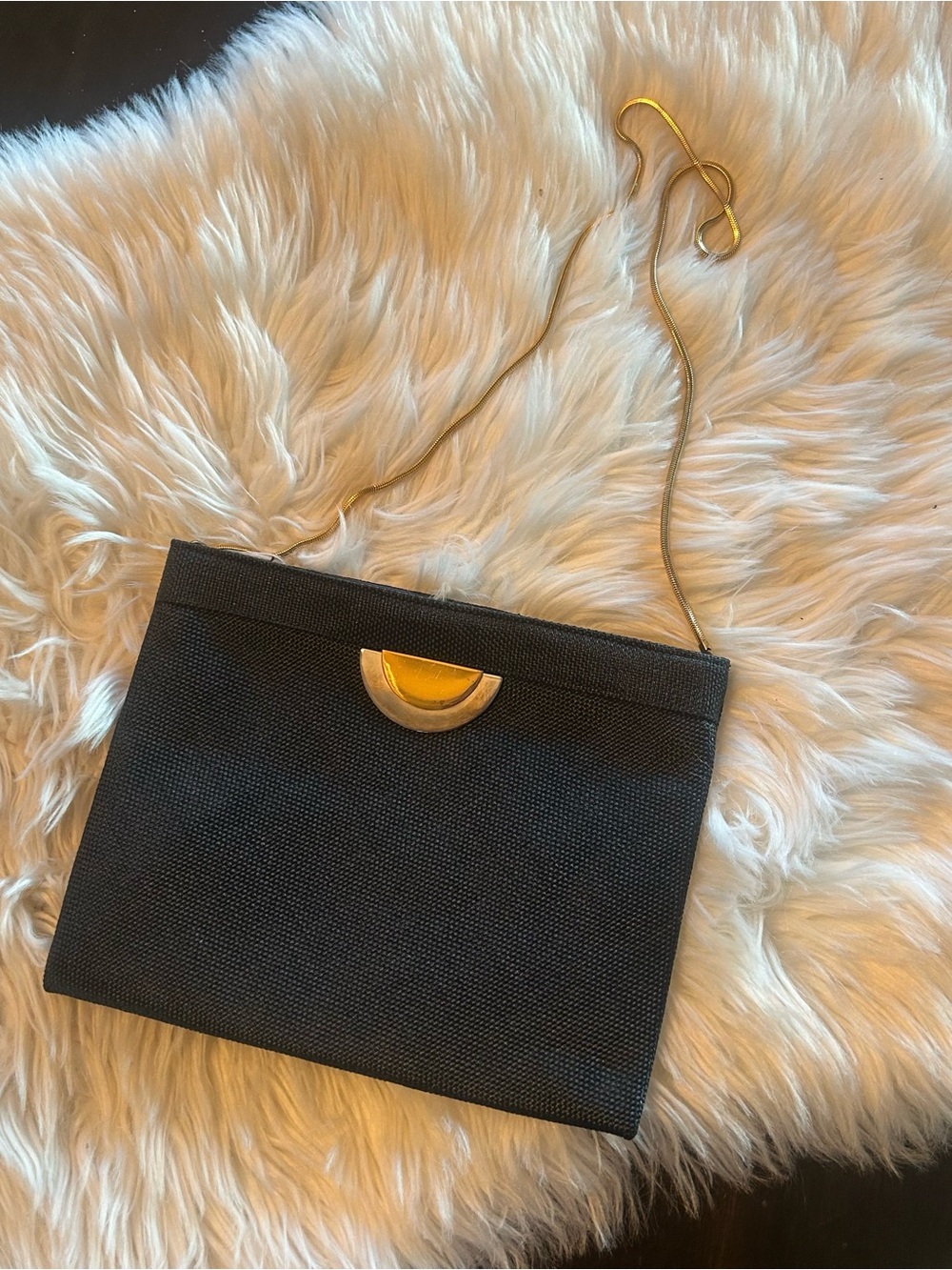 Vintage REVA 70s-80s Black Fabric Convertible Evening Bag Clutch Gold Chain